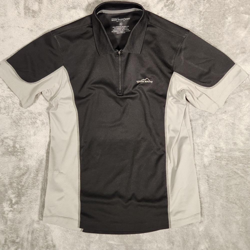 Eddie Bauer Sport Quarter Zip Polo Mens Medium Black Gray Excellent Active Fit